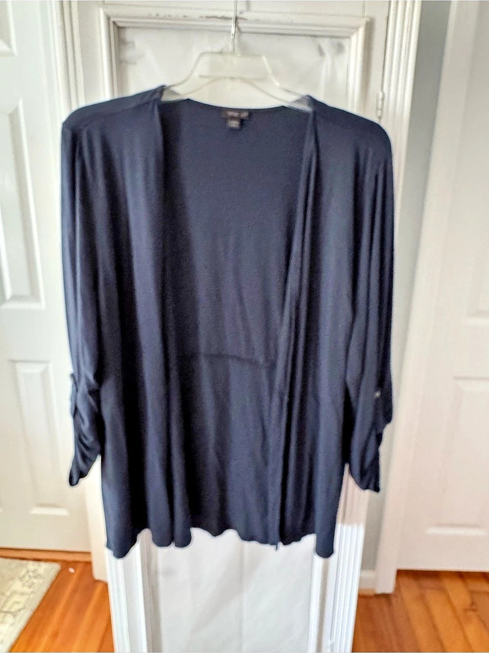 J Jill Navy Wearever Collection Empire Waist Roll Tab Sleeve Open Front Cardigan